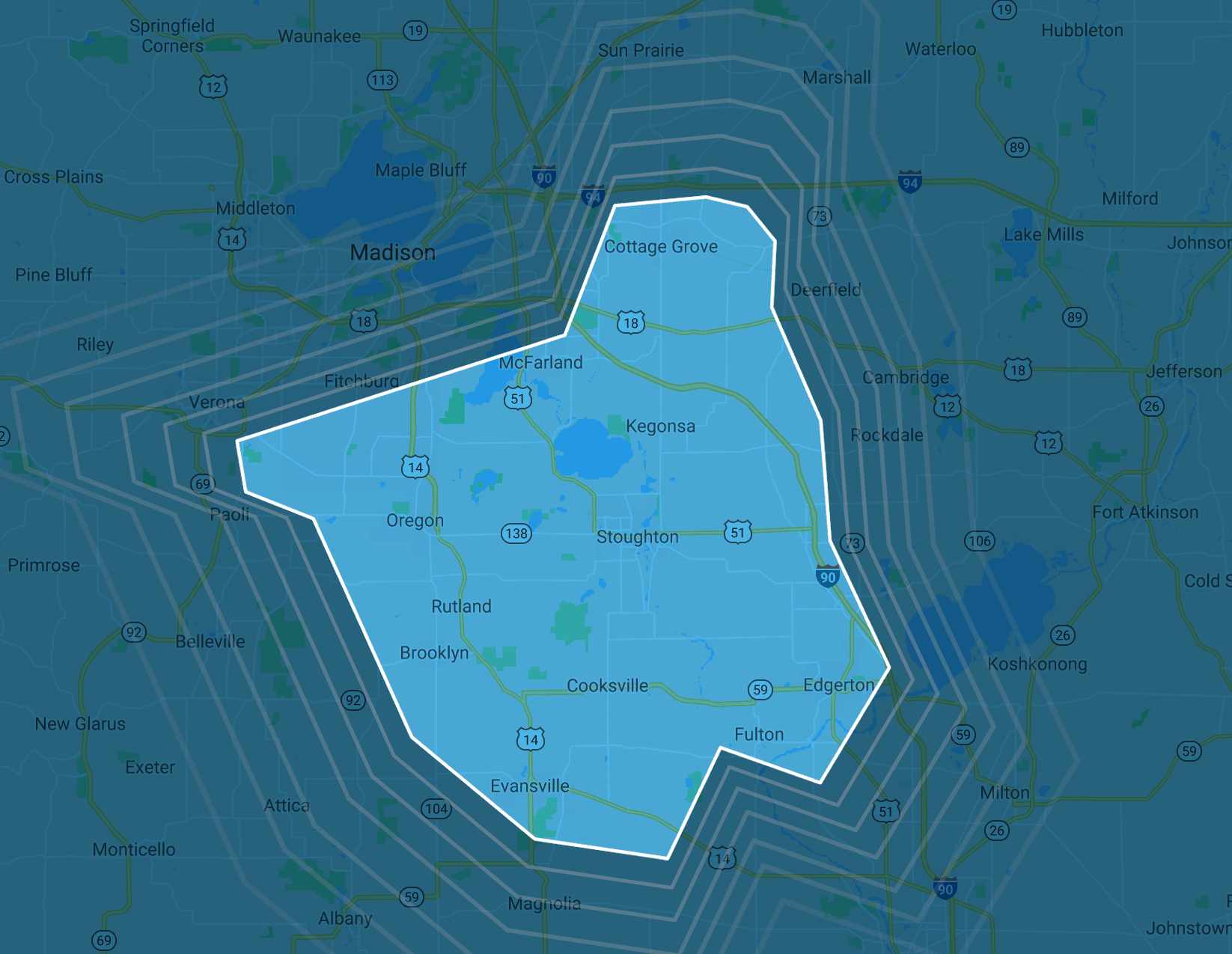 General Four Lakes Broadband coverage map for Dane County and nearby communities